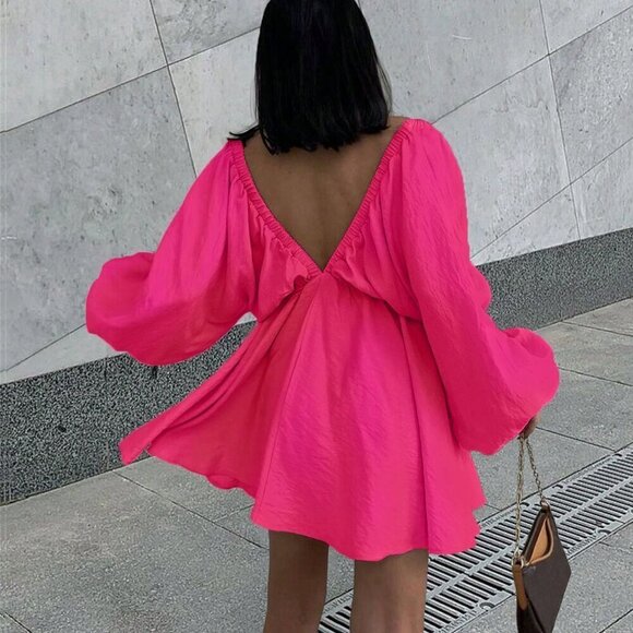 Rose Red Sexy Women's Solid Colored Deep V-Neck Lantern Sleeve Backless Dress - Picture 2 of 3